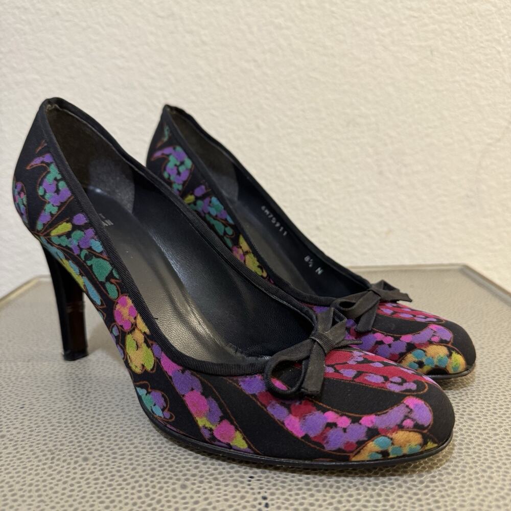 Stuart Weitzman Women Heels Shoes 8.5 N Black Wild Floral Bow Y2K Rare!